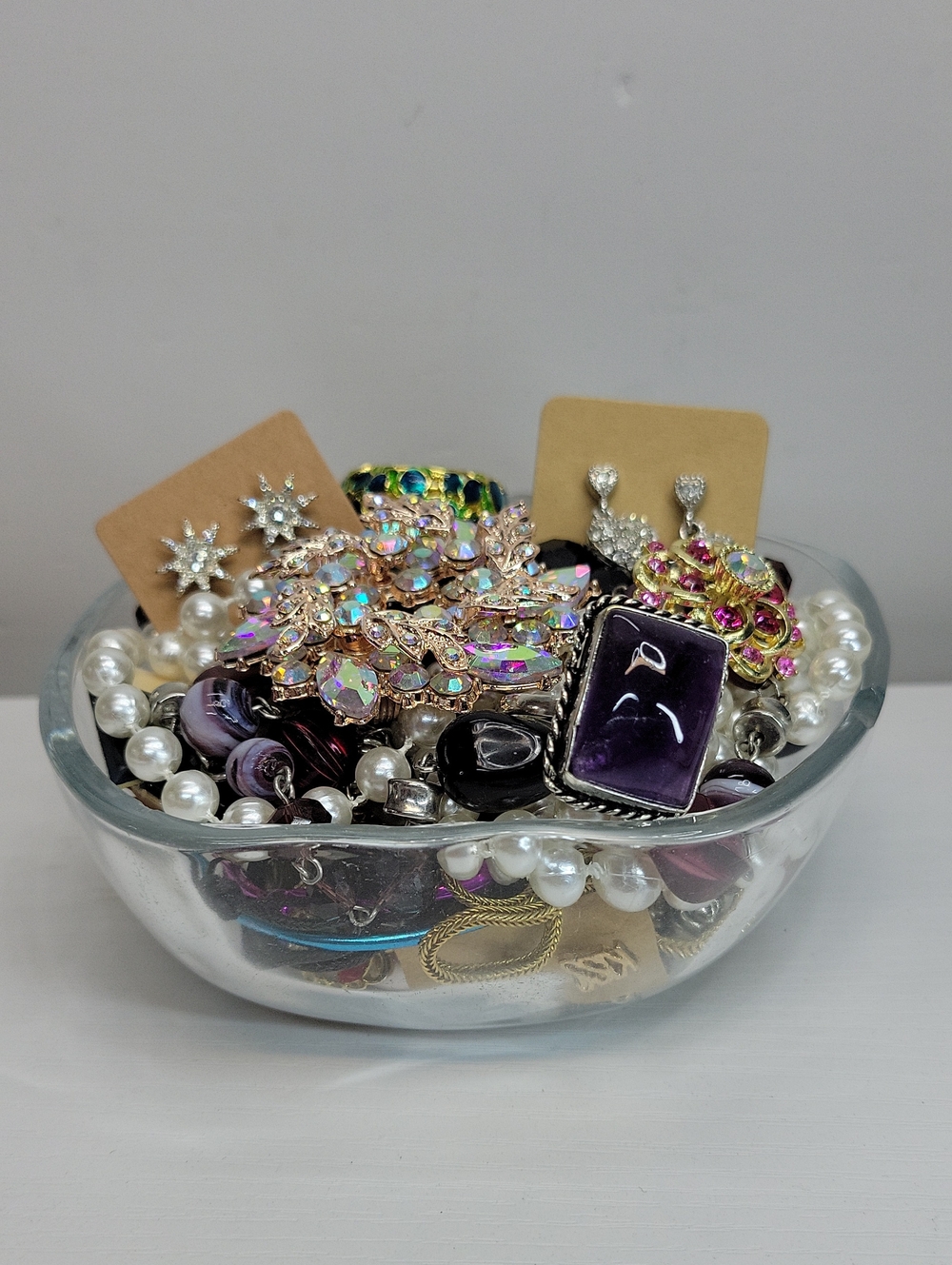 Assorted  Jewelry In A Glass Dish - Picture 2 of 3